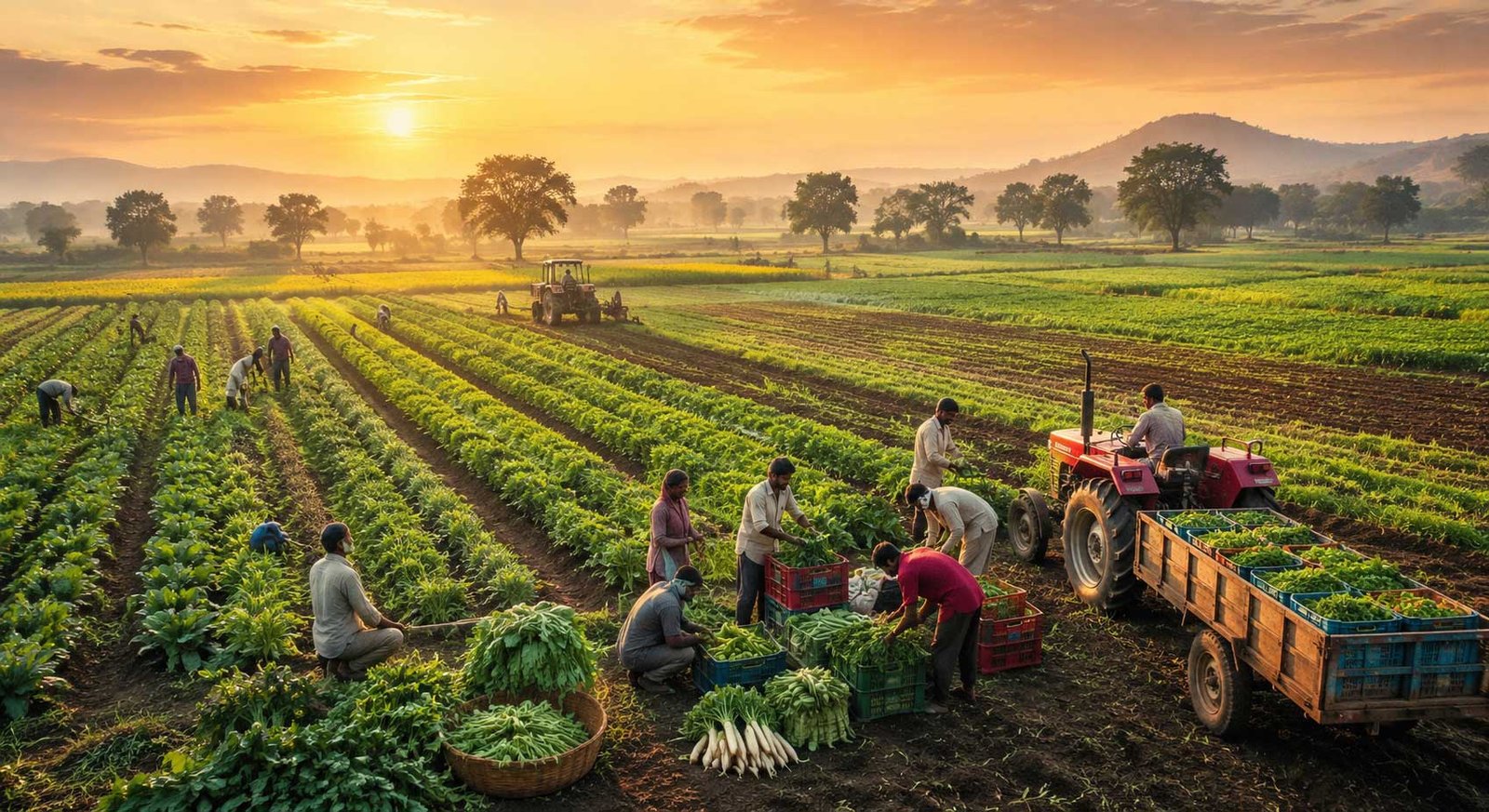 Indian farmers harvesting fresh crops, Large scale Indian farmland, Farm fresh produce harvesting